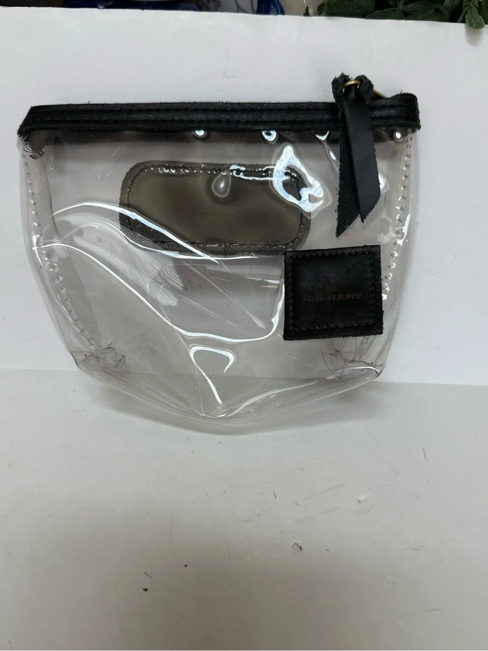 Jon Hart Clear Purse Bag Cosmetic Makeup Black Leather Patch Monogrammed N S